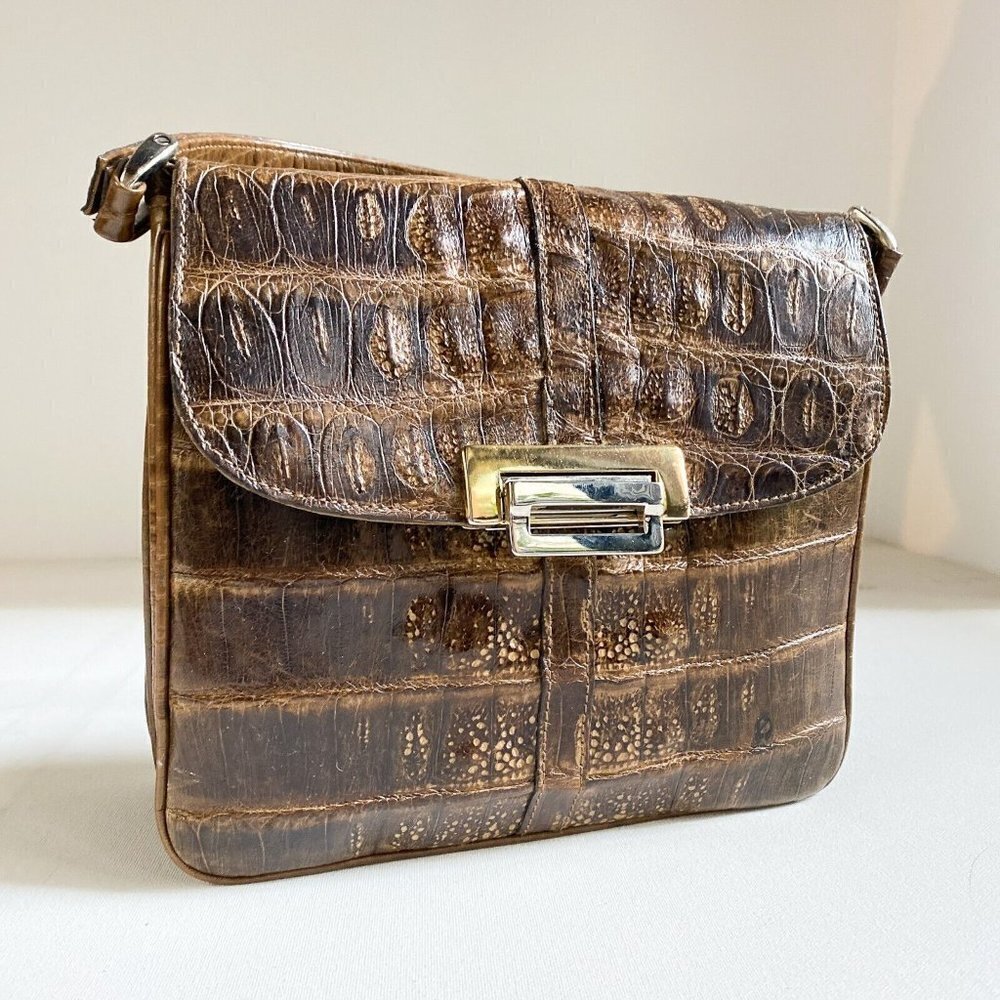 Vintage 50s 60s Faux Croc Skin Brown Square Handbag